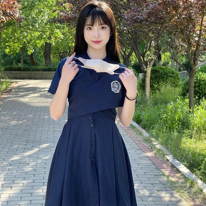 蝴蝶结绑带露腰纯色短袖不规则短袖连衣裙 女款 藏蓝色