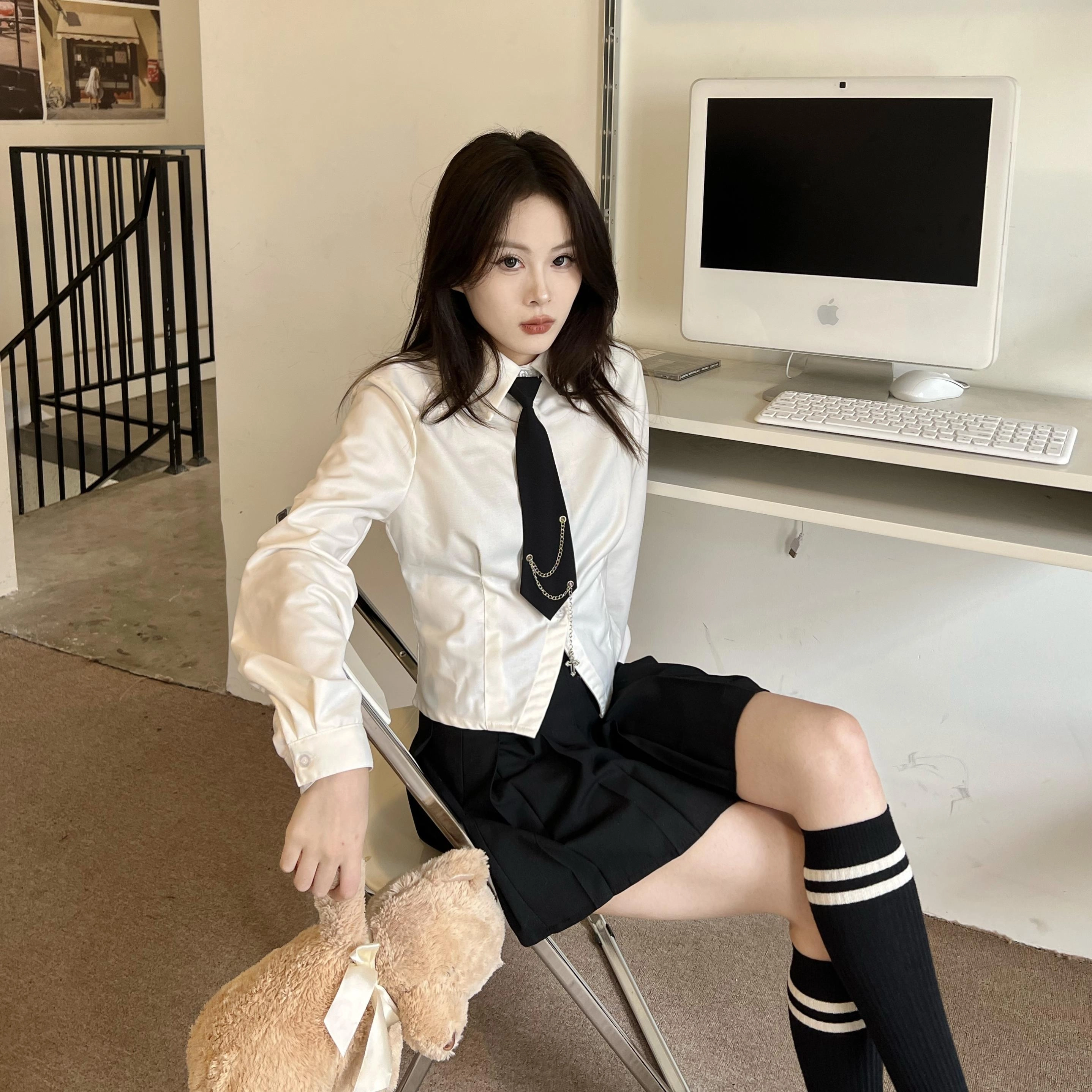 九条喵 短款领带长袖衬衫百褶半身裙制服套装 女款