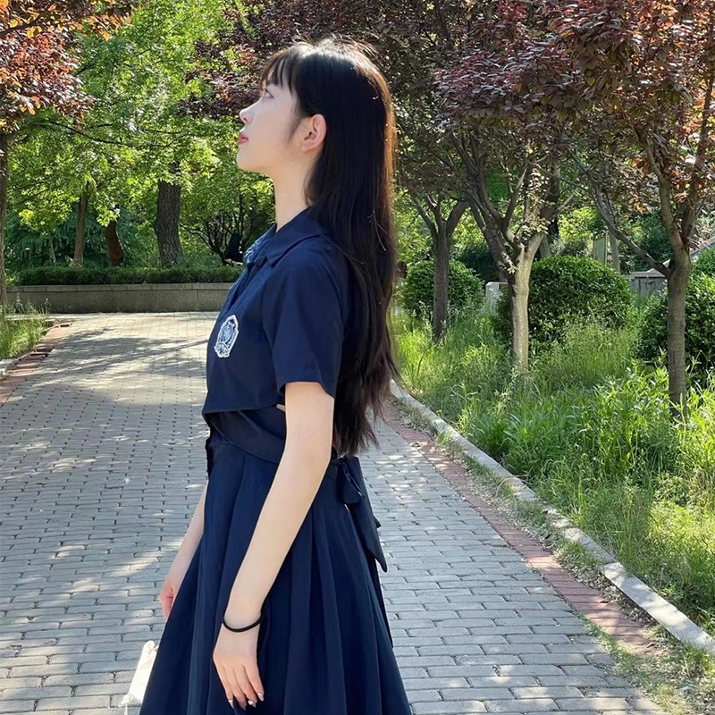 蝴蝶结绑带露腰纯色短袖不规则短袖连衣裙 女款 藏蓝色
