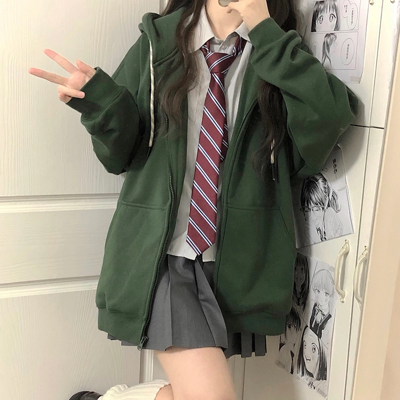 东鲸岁时记 纯色拉链宽松字母刺绣加绒开衫连帽卫衣 女款