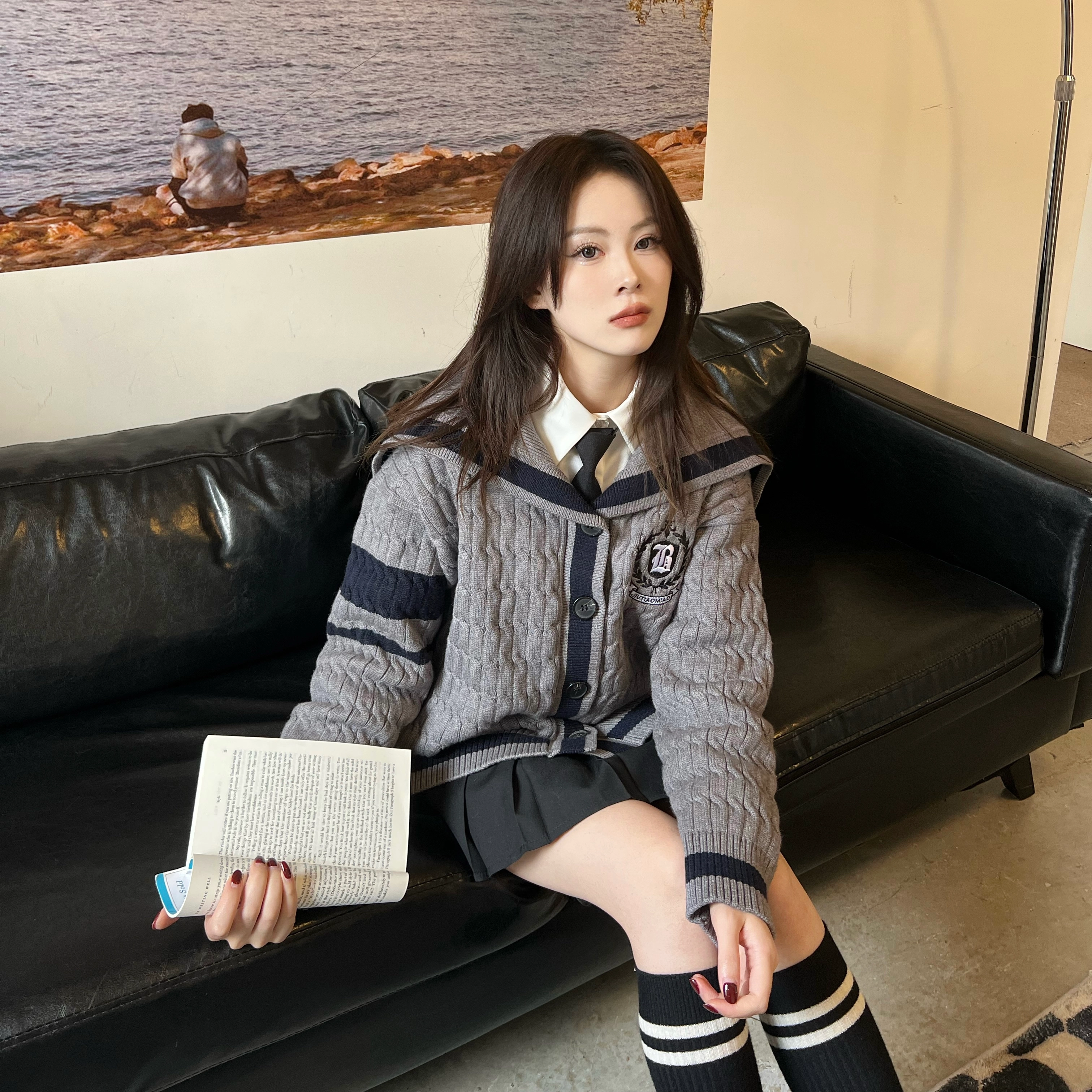 九条喵 海军领刺绣单排扣长袖外套纯色短款百褶半身裙制服套装 女款 