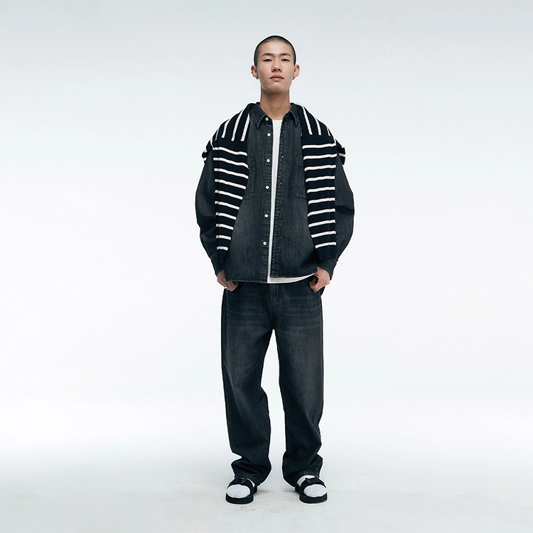 棉先生 水洗速干复古纹理宽松直筒牛仔裤 男款 黑灰色
