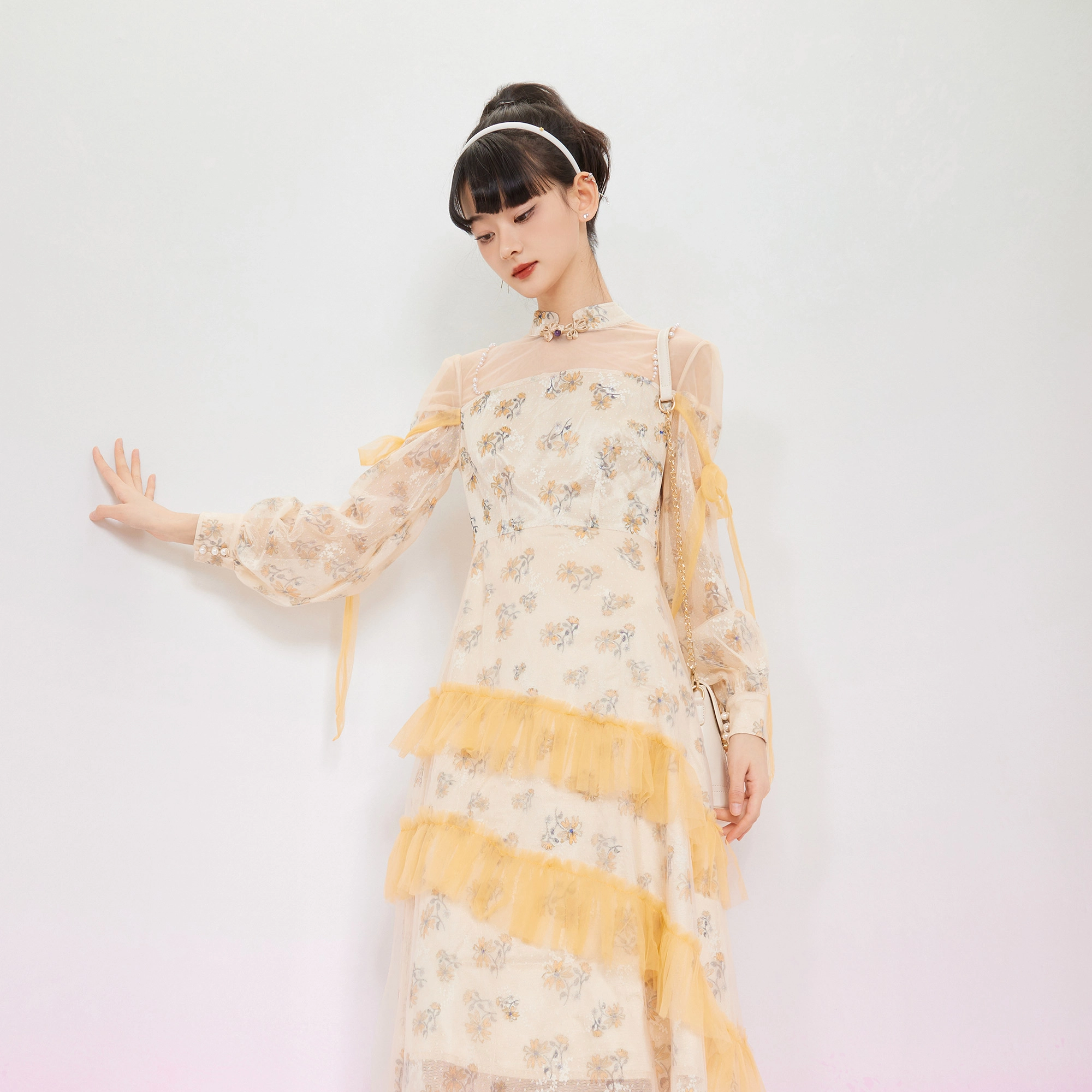 槿爷东方 锦花城法式网纱碎花长袖仙女连衣裙 女款 橙色