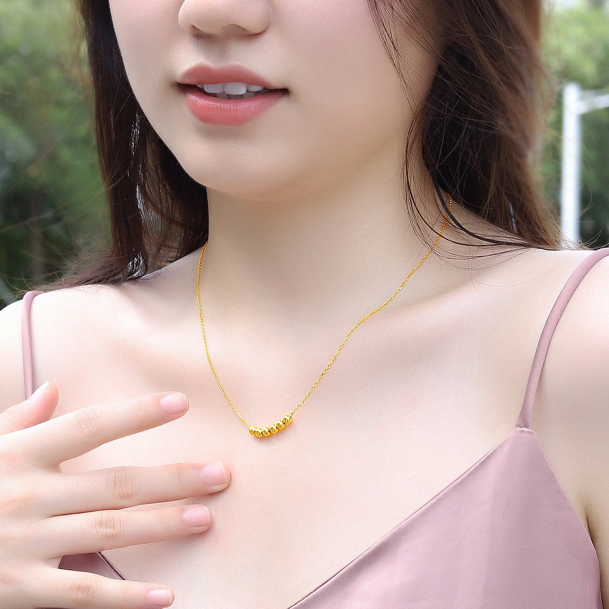 老庙 时尚转运珠小金珠串珠锁骨链 足金 项链 女款