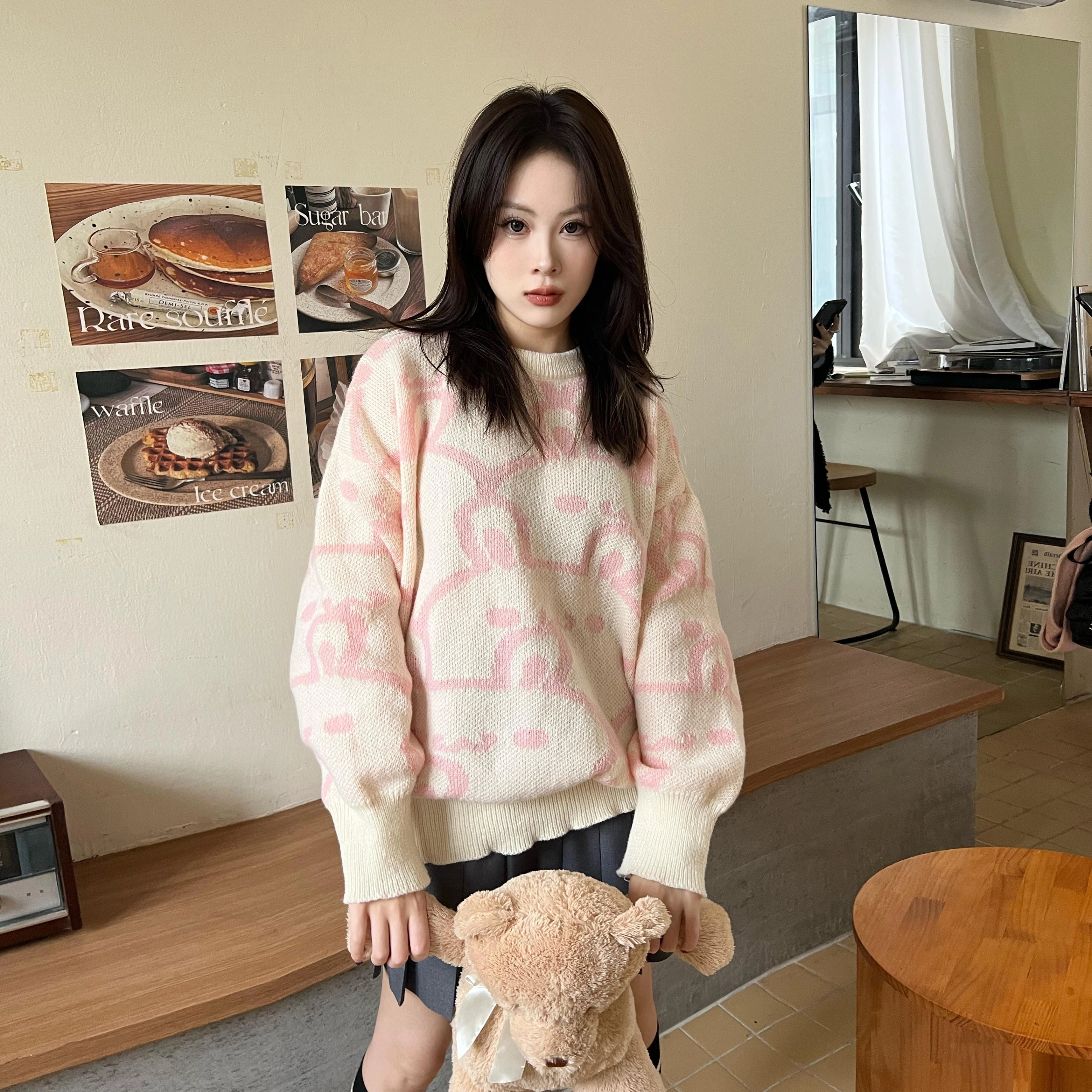 九条喵 小兔子印花宽松休闲针织圆领毛衣 女款 粉红色