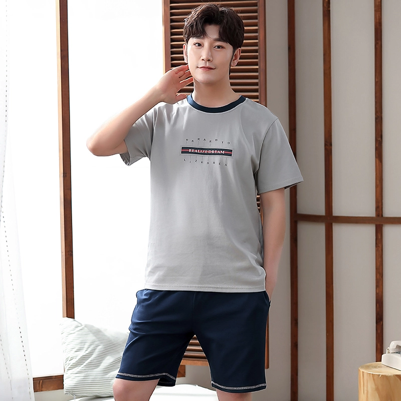 棉基因 纯棉短袖短裤睡衣 简约宽松 套头家居服 男款 灰蓝色