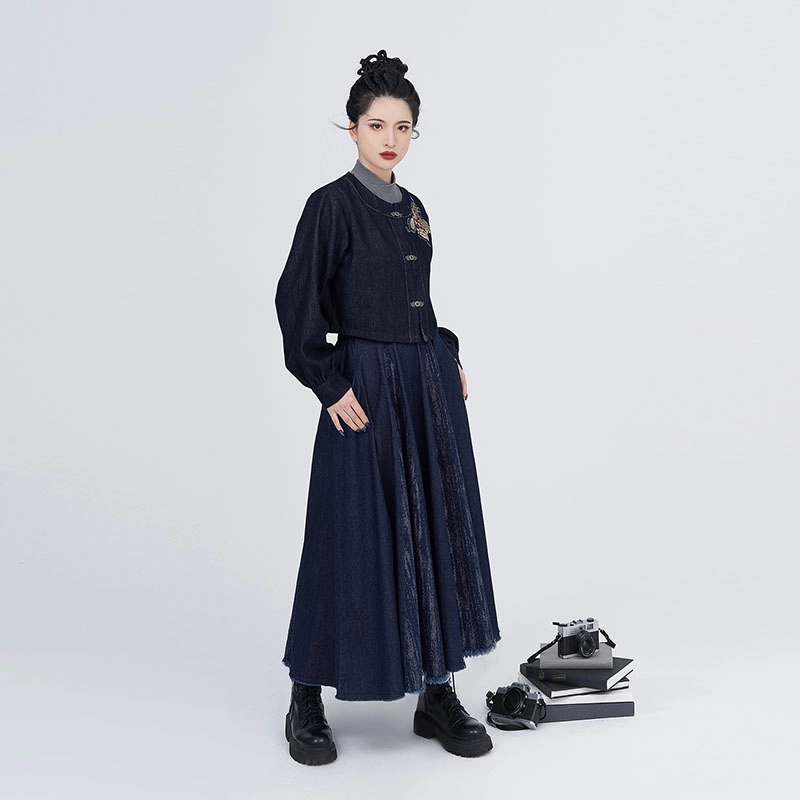 织造司 苍岚 牛仔汉元素圆领衫夹克外套改良毛边破裙原创唐制汉服 女款 深蓝色