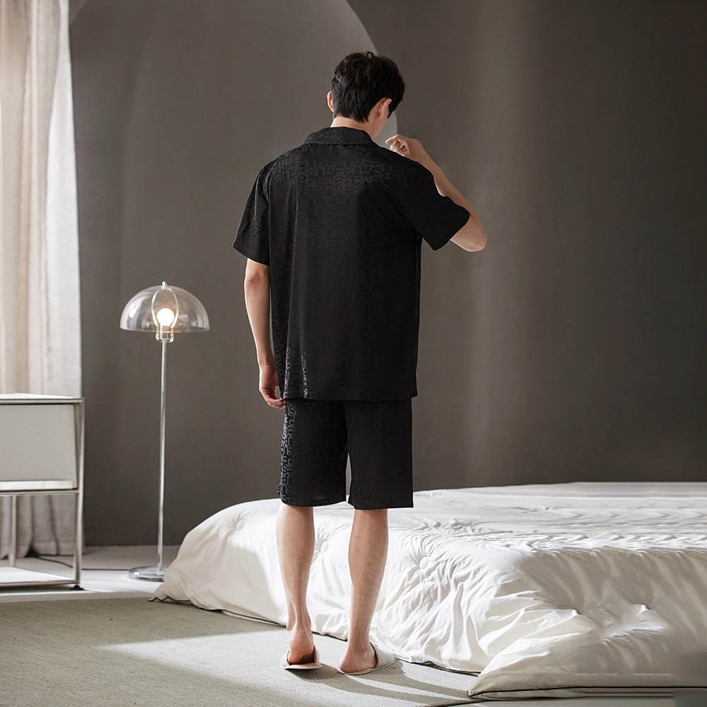 宫蝶 冰丝短袖家居服薄款复古满印可外穿大码睡衣套装 男款 黑色