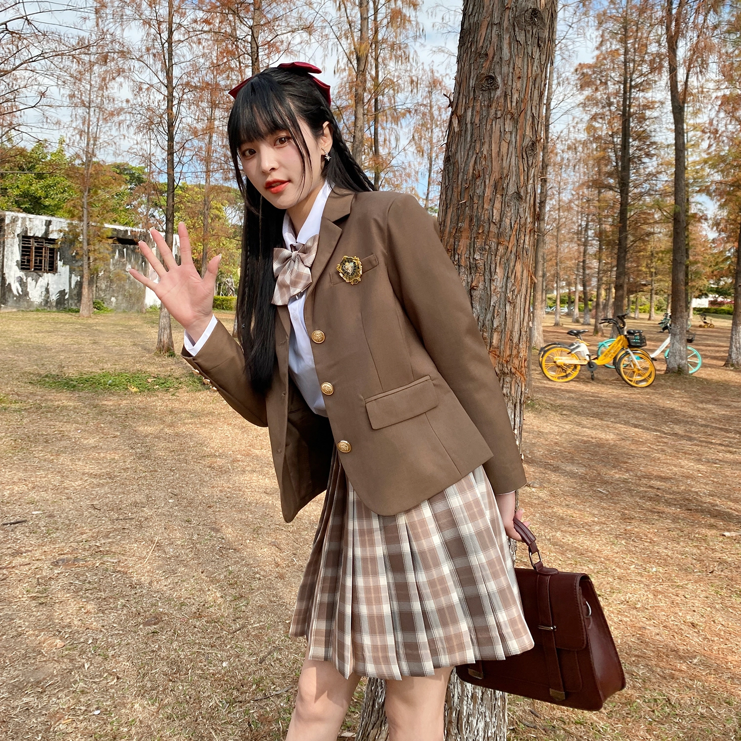 兔半眠 徽章西装外套百褶裙制服套装 女款