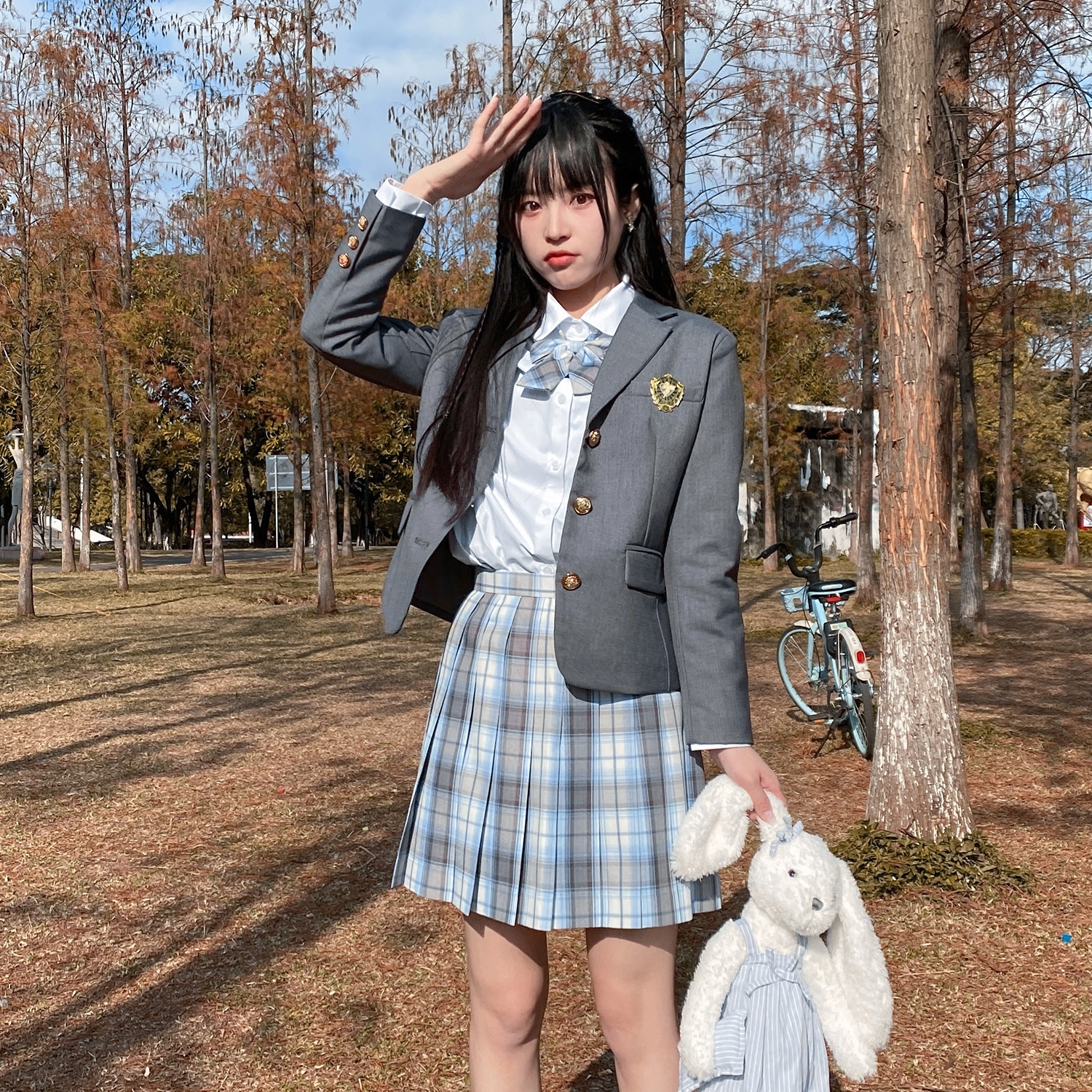 兔半眠 徽章西装外套百褶裙制服套装 女款