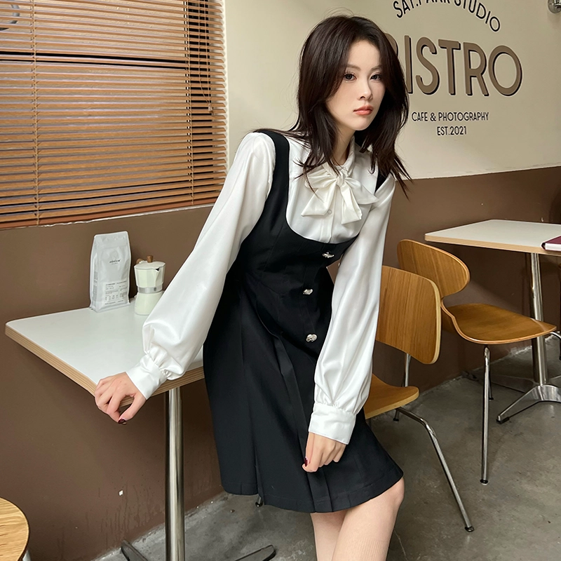九条喵 蝴蝶结纯色单排扣长袖衬衫 女款 白色