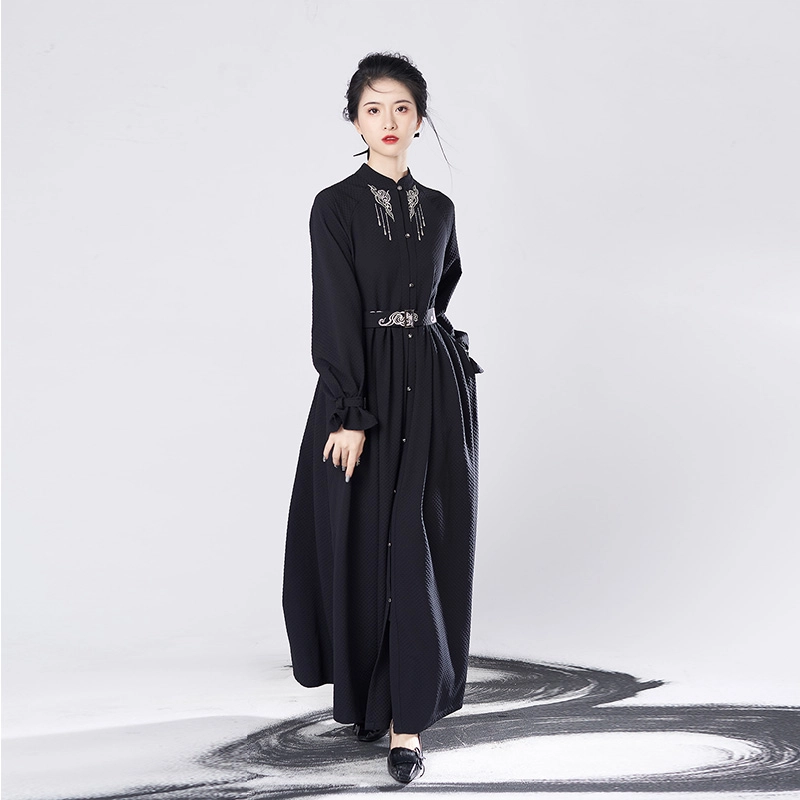织造司 汉元素刺绣对襟连衣裙明制汉服 女款 黑色