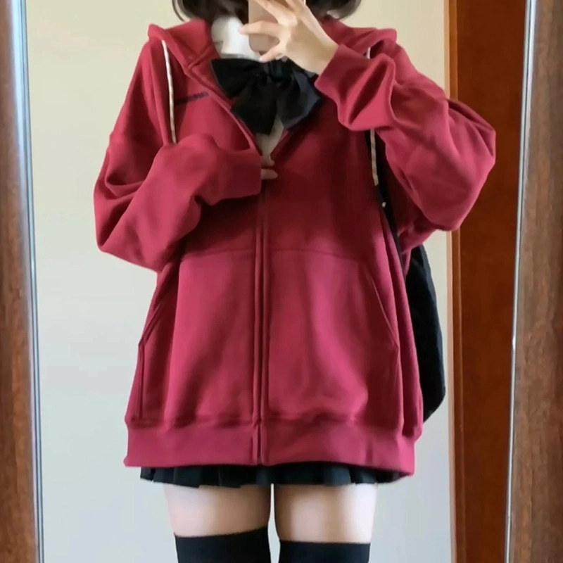 东鲸岁时记 纯色拉链宽松字母刺绣加绒开衫连帽卫衣 女款