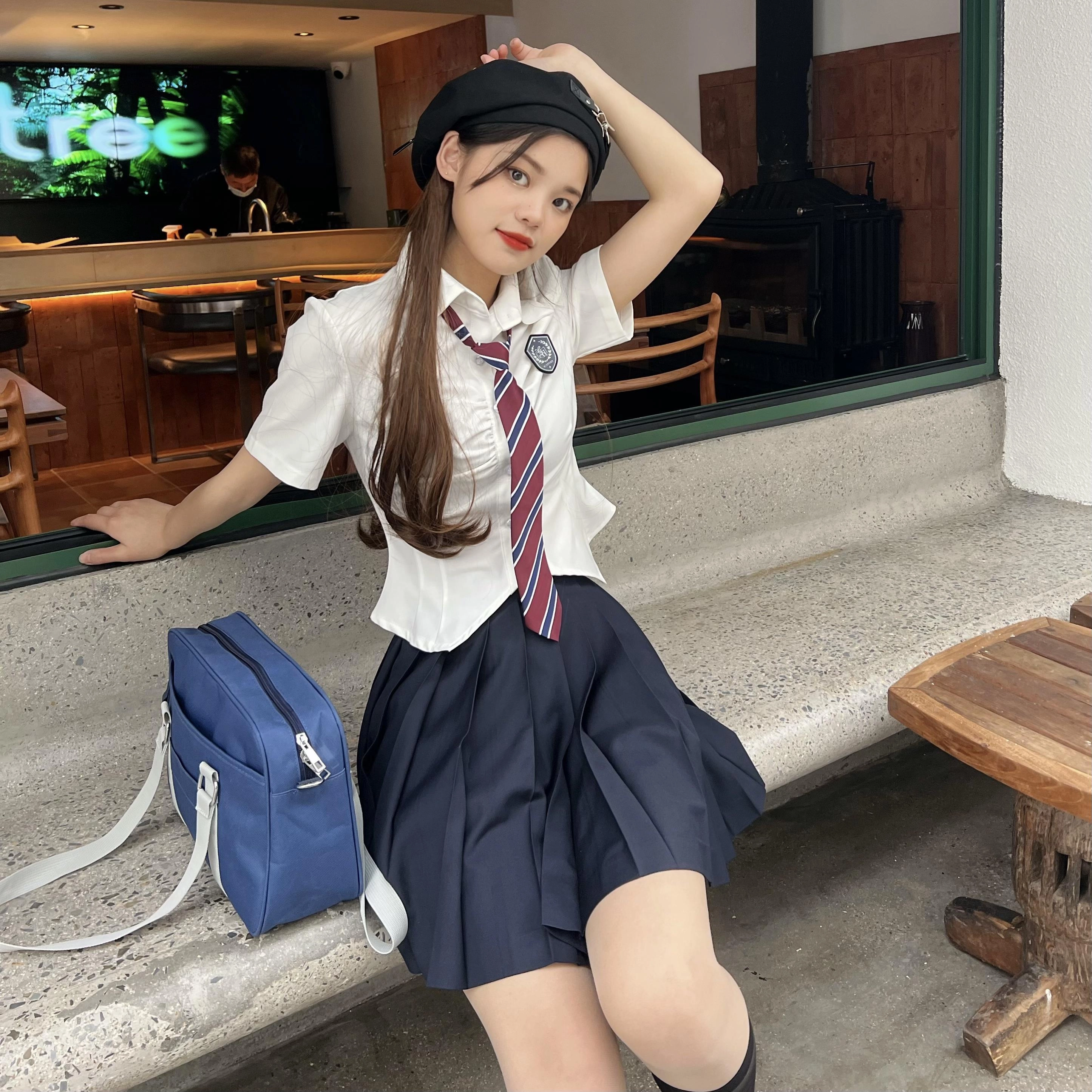 九条喵 撞色领带修身收腰衬衫制服上装 女款 白色