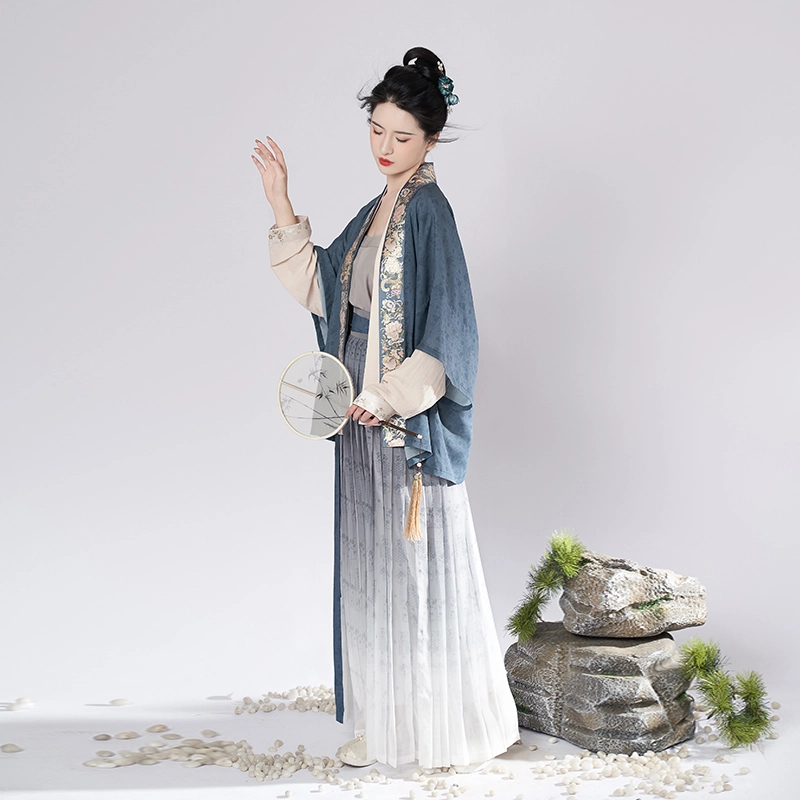织造司 挽秋 宋制妆花直领对襟半袖飞机袖改良宋抹褶裙四件套汉服 女款