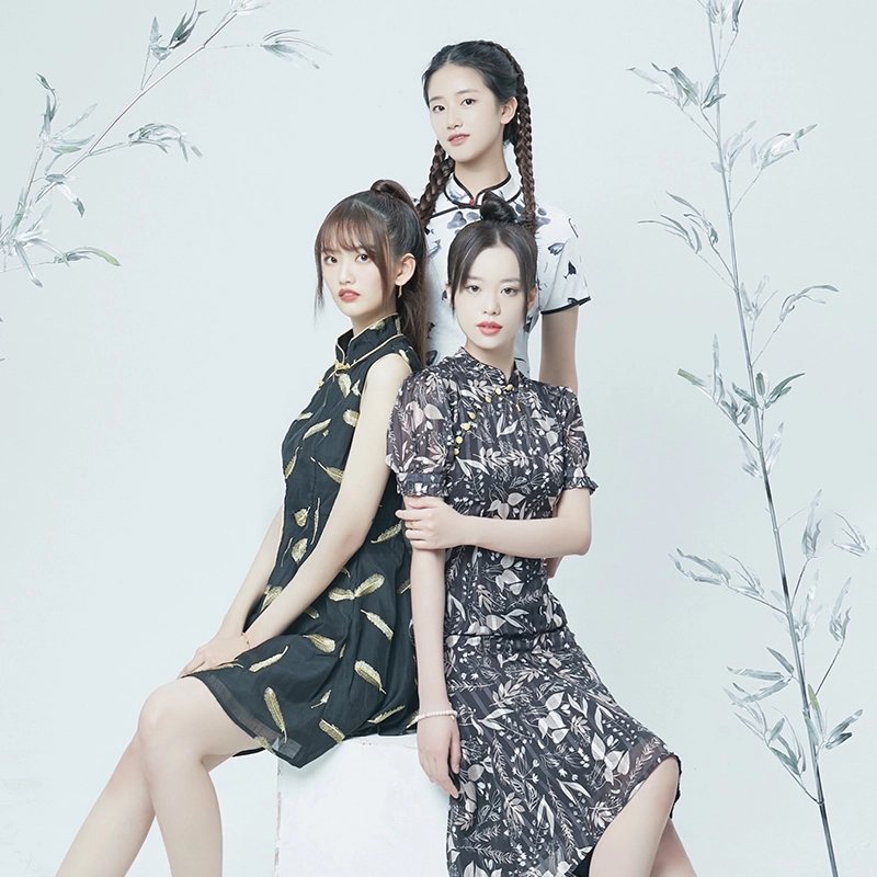 松雾叶雪纺泡泡袖短袖连衣裙 女款 黑色