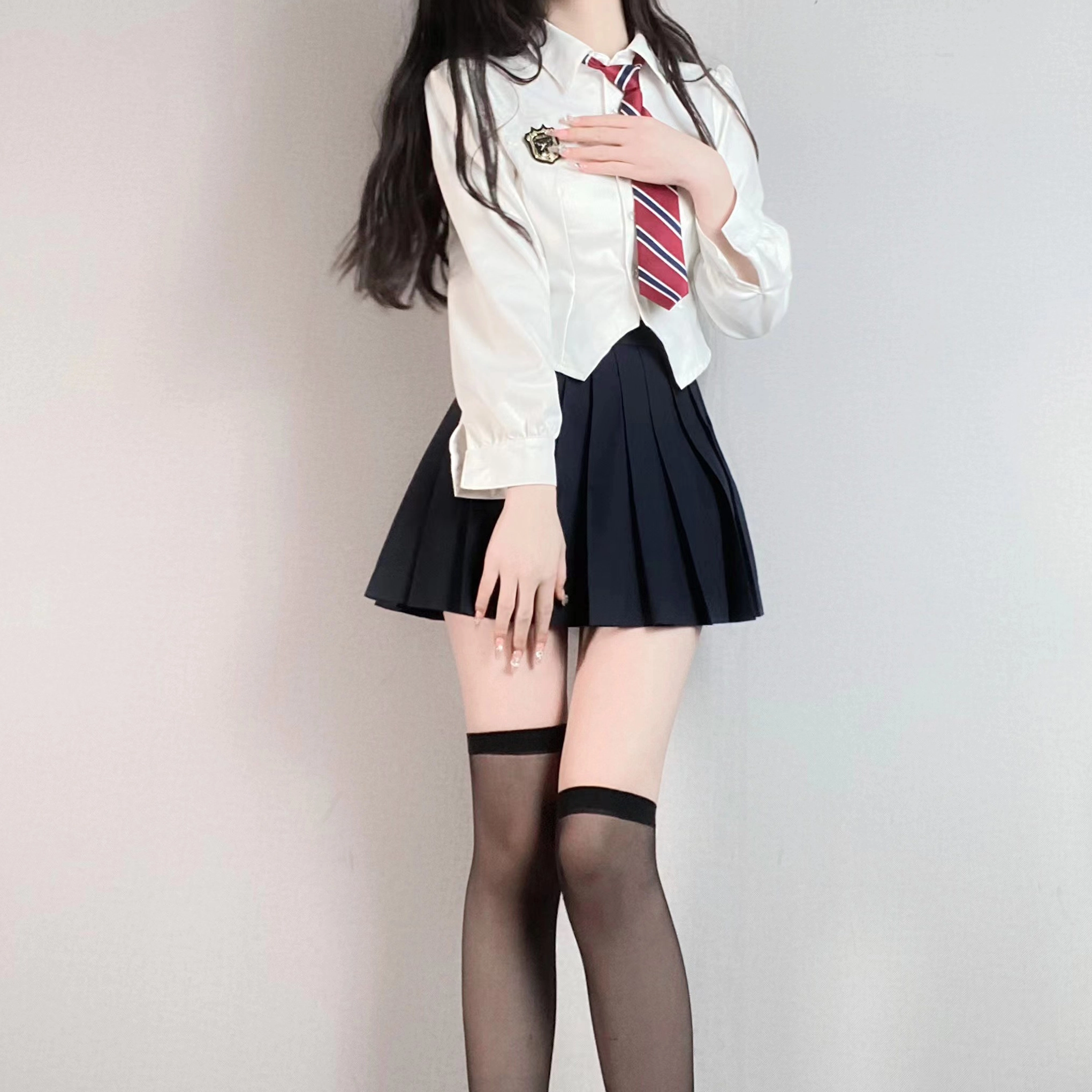 九条喵 翻领长袖衬衫纯色短款半身裙百褶裙制服套装 女款