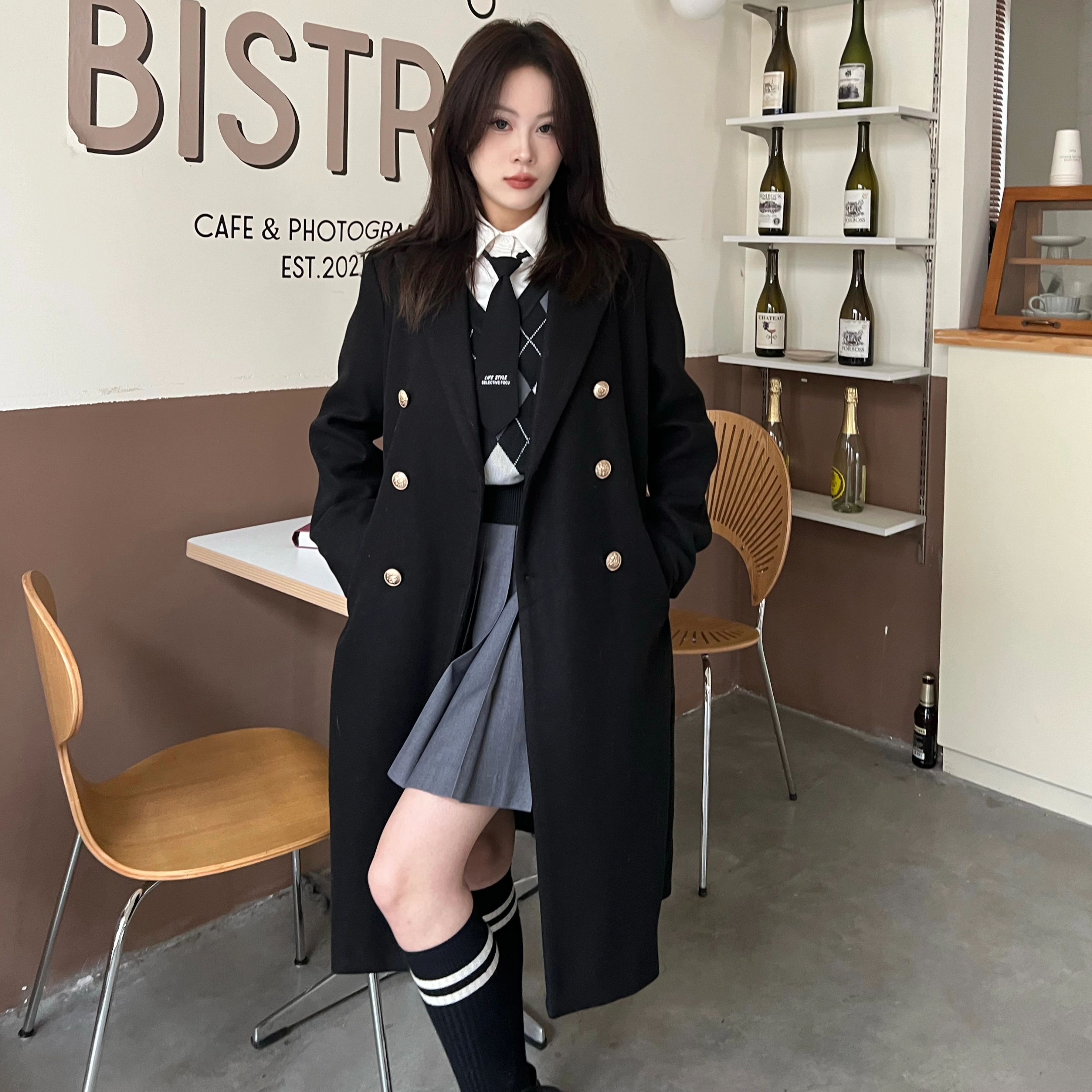 九条喵 长款纯色西装毛呢大衣外套菱形毛衣背心半身裙制服套装 女款