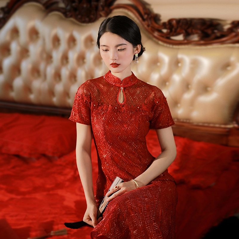 槿爷东方 妆记金线水滴洞蕾丝鱼尾短袖旗袍 酒红色