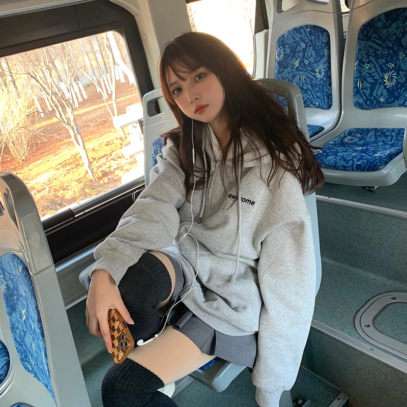 东鲸岁时记 纯色拉链宽松字母刺绣加绒开衫连帽卫衣 女款