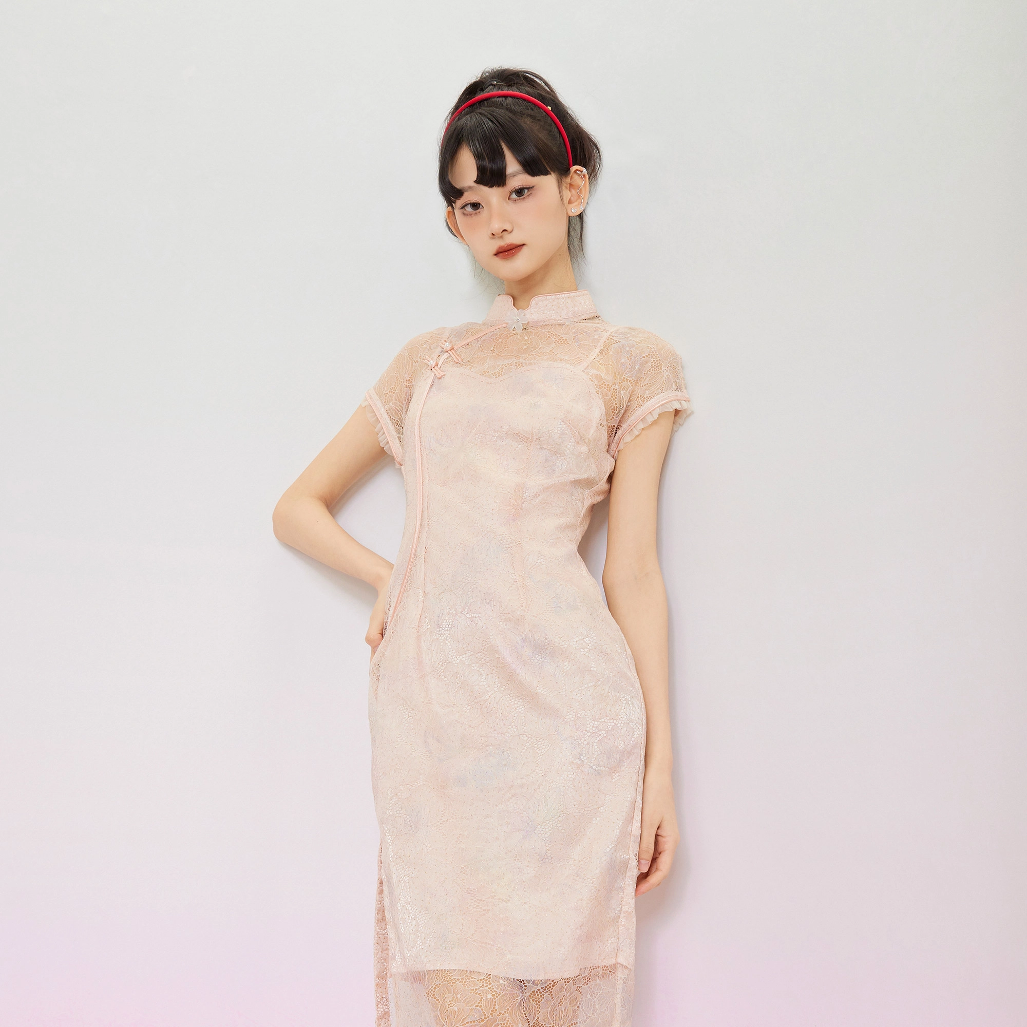 槿爷东方 中式复古纯色优雅短袖旗袍 女款 杏粉色