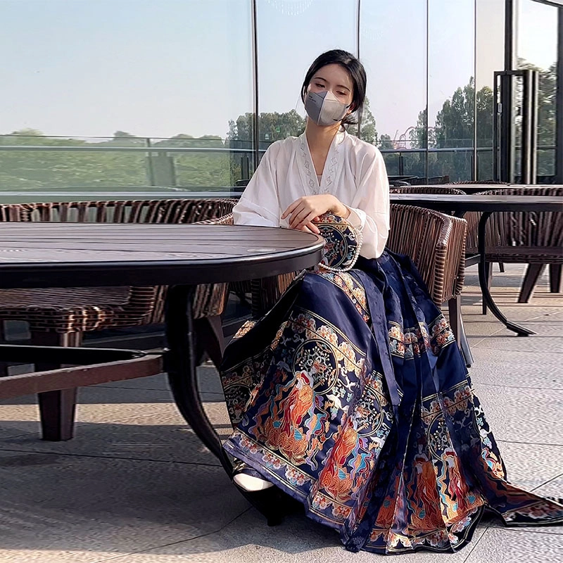 织造司 舞法天女 敦煌飞天 中国风改良仿妆花织金马面裙山河映画飞机袖明制纯色印花汉服两件套 女款 蓝色