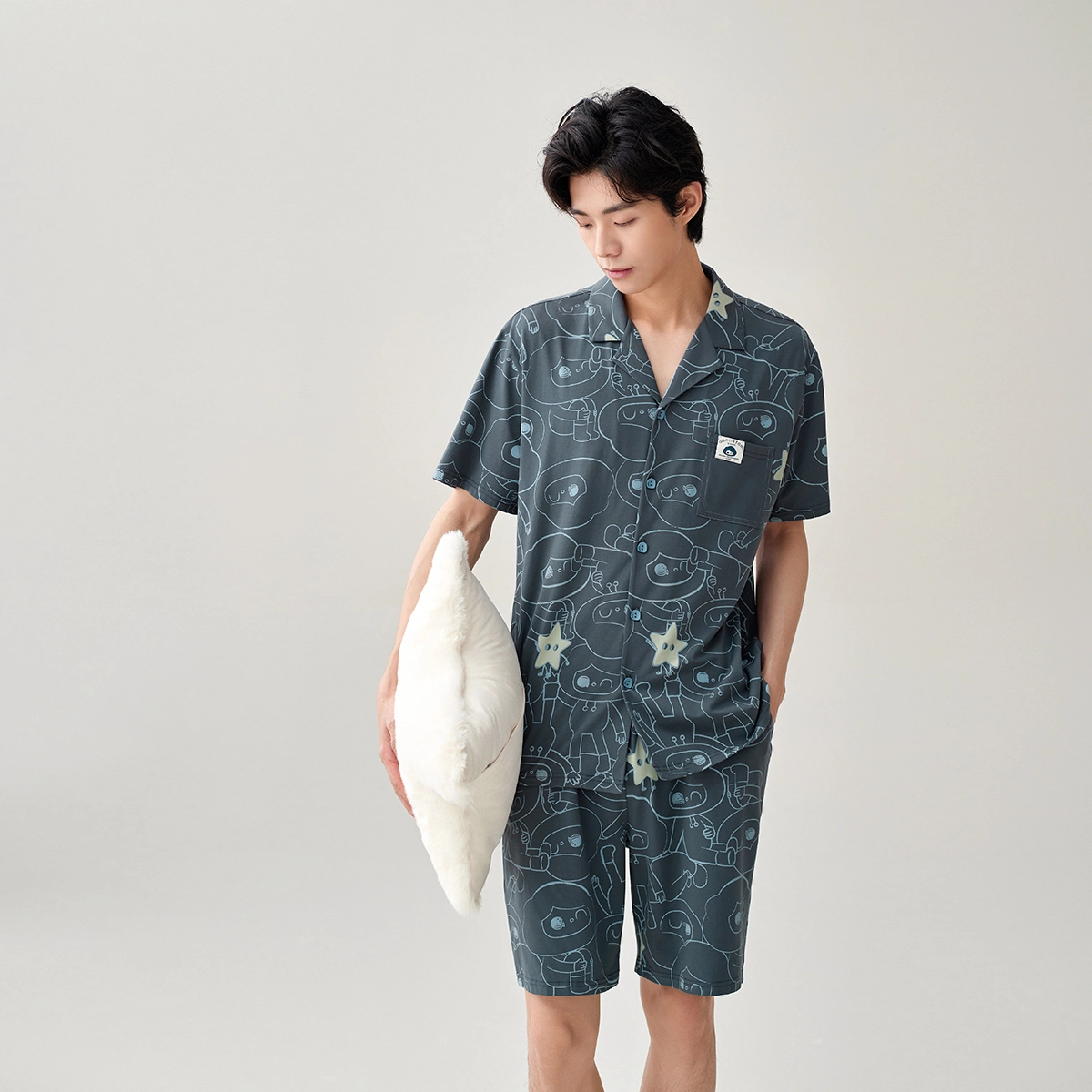 安之伴 夏季情侣睡衣纯棉吸汗透气短袖开衫家居服 男款 原野绿