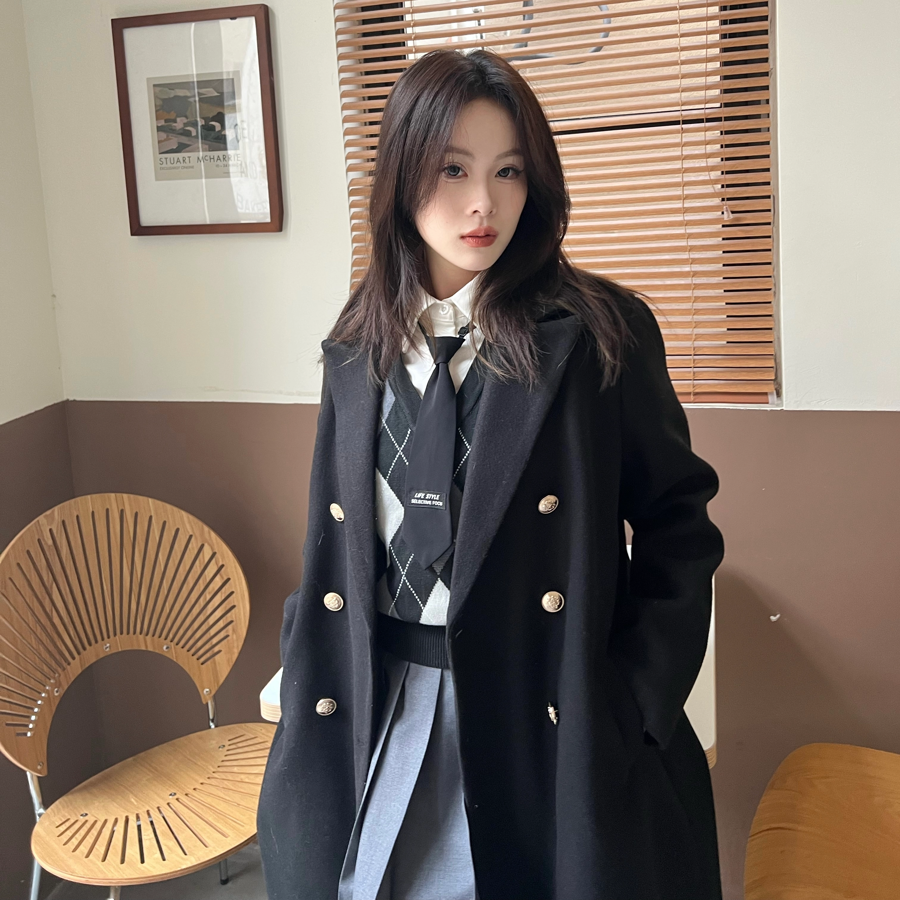 九条喵 长款纯色西装毛呢大衣外套菱形毛衣背心半身裙制服套装 女款