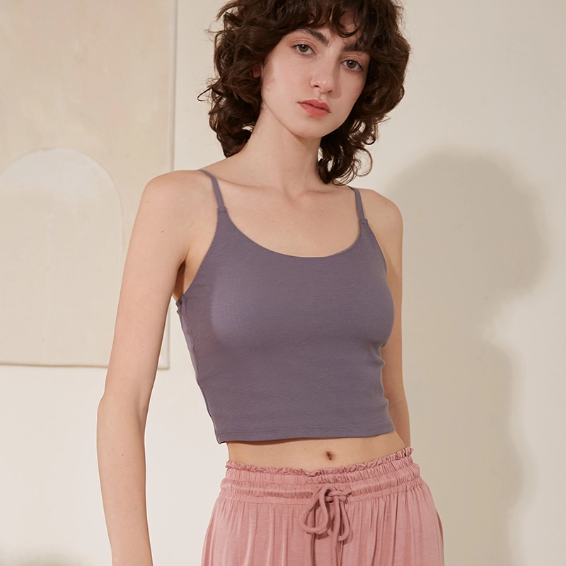 弗利少女 免穿文胸一体式薄款莫代尔棉舒适纯色螺纹家居吊带背心 女款