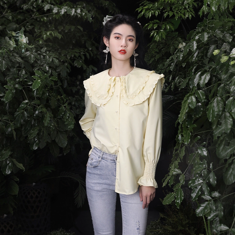 槿爷东方 纯色单排扣娃娃领长袖衬衫 女款 嫩黄色