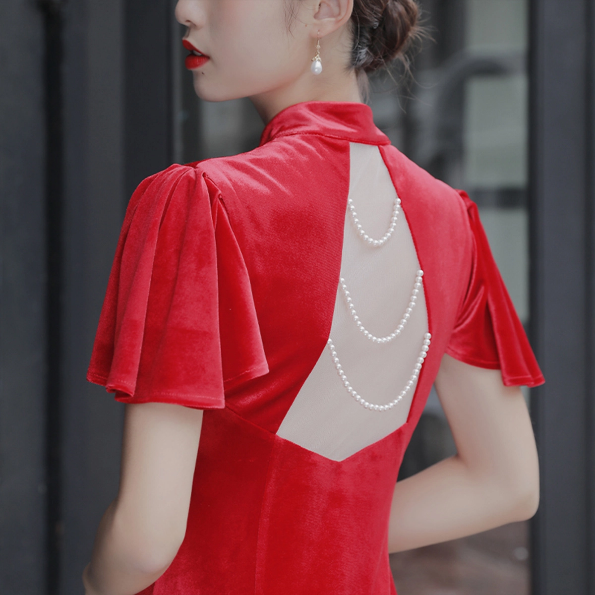 槿爷东方 丝绒水滴洞露背珍珠流苏鱼尾短袖连衣裙 夏季 女款 红色