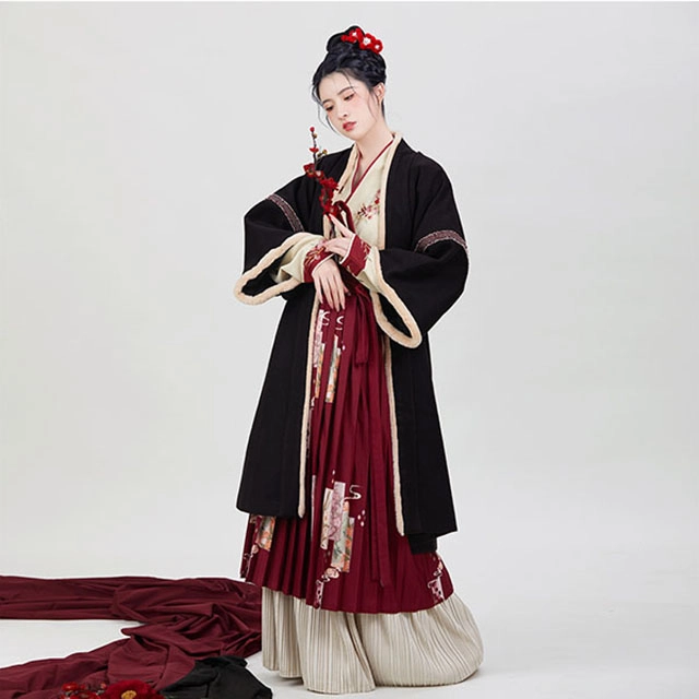 织造司 四花牌 长褙子飞机袖合身中长款合围裙一片式褶裙 冬汉服 女款