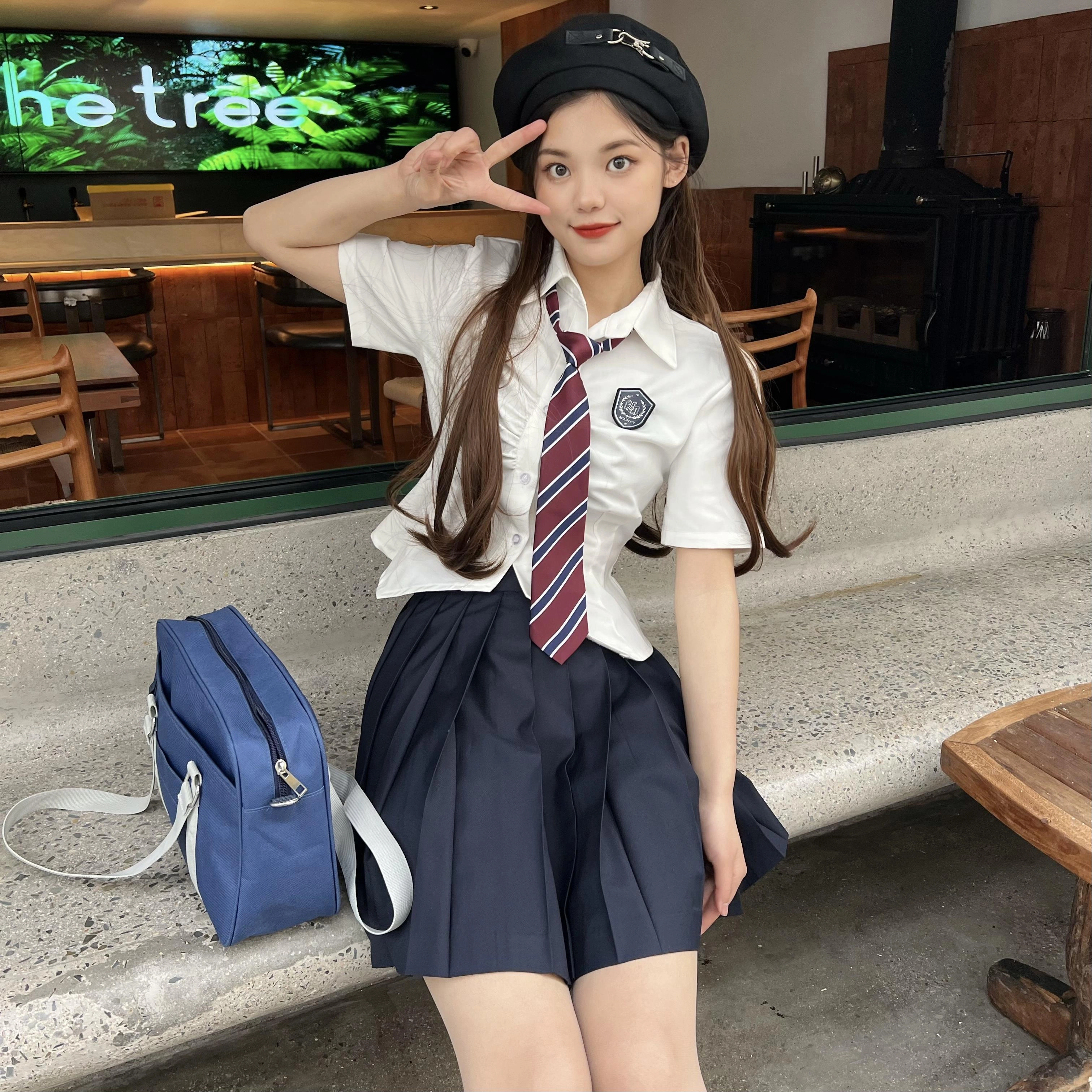 九条喵 撞色领带修身收腰衬衫制服上装 女款 白色