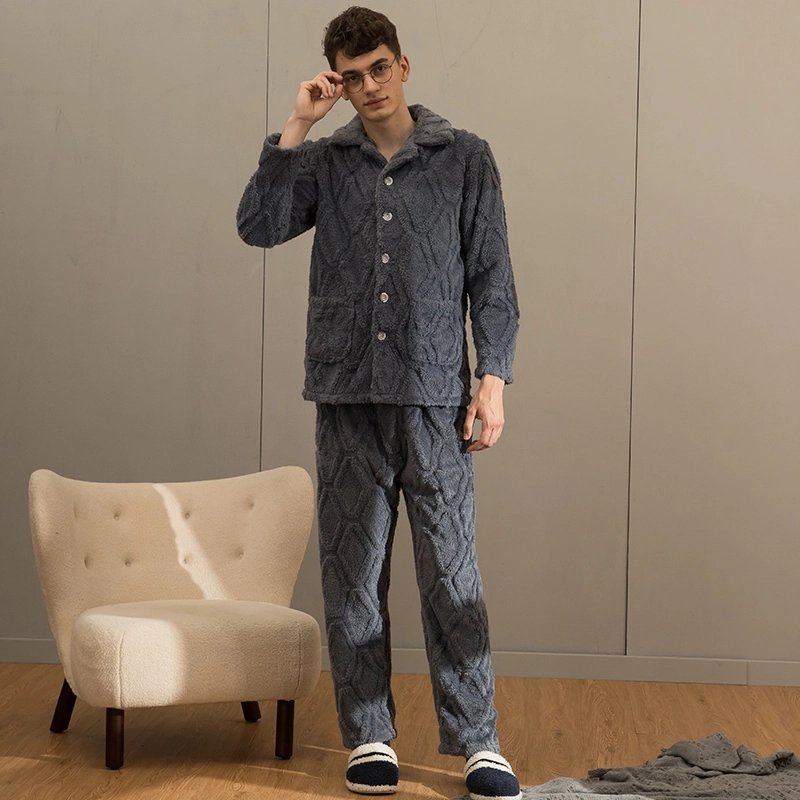 芬腾 睡衣珊瑚绒秋冬季法兰绒加厚长袖可外穿休闲大码家居服套装 男士 灰兰