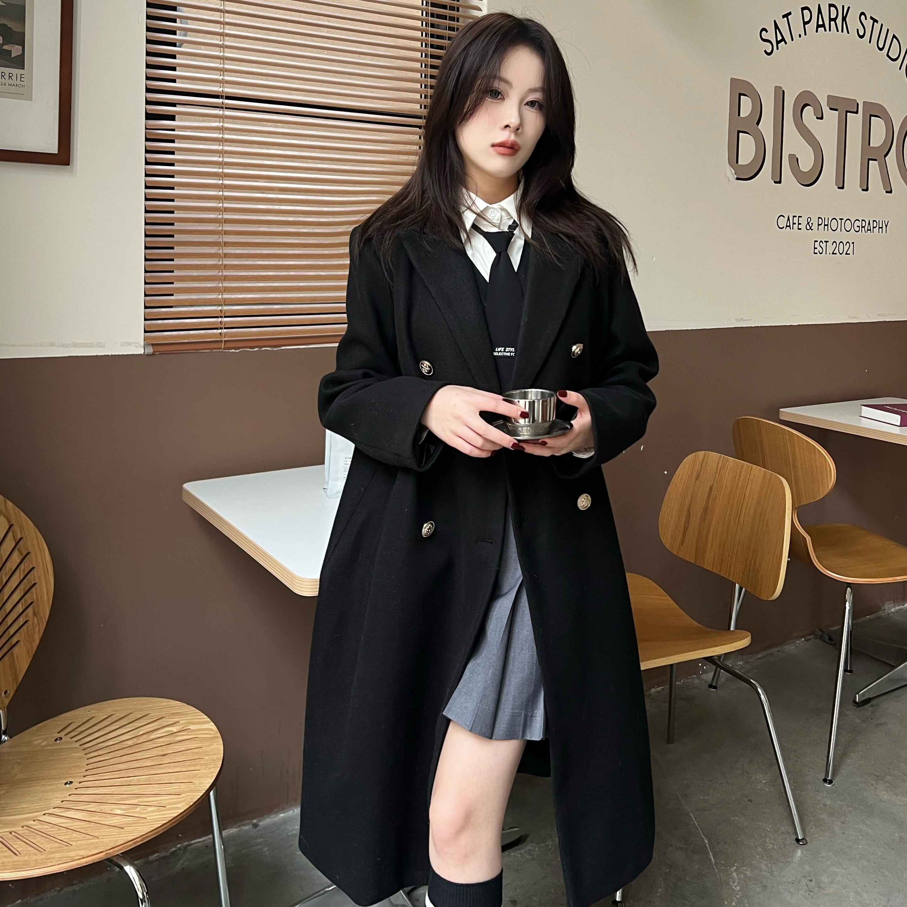 九条喵 长款纯色西装毛呢大衣外套菱形毛衣背心半身裙制服套装 女款