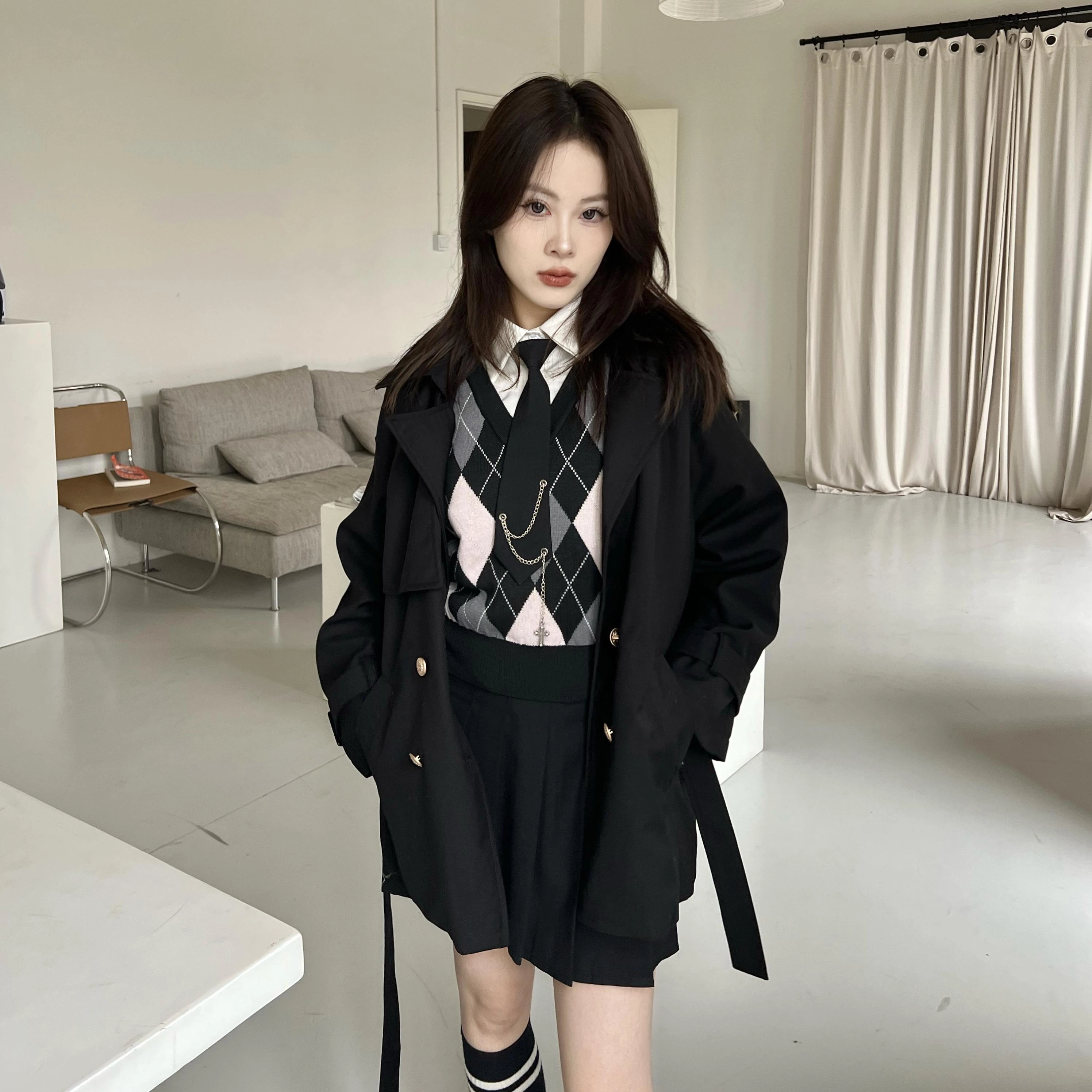 九条喵 夹棉风衣菱形毛衣背心收腰衬衫领带半裙百褶裙休闲套装 女款