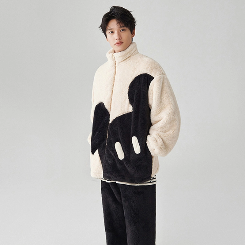 亲嘴猫珊瑚绒睡衣男秋冬卡加厚家居服套装