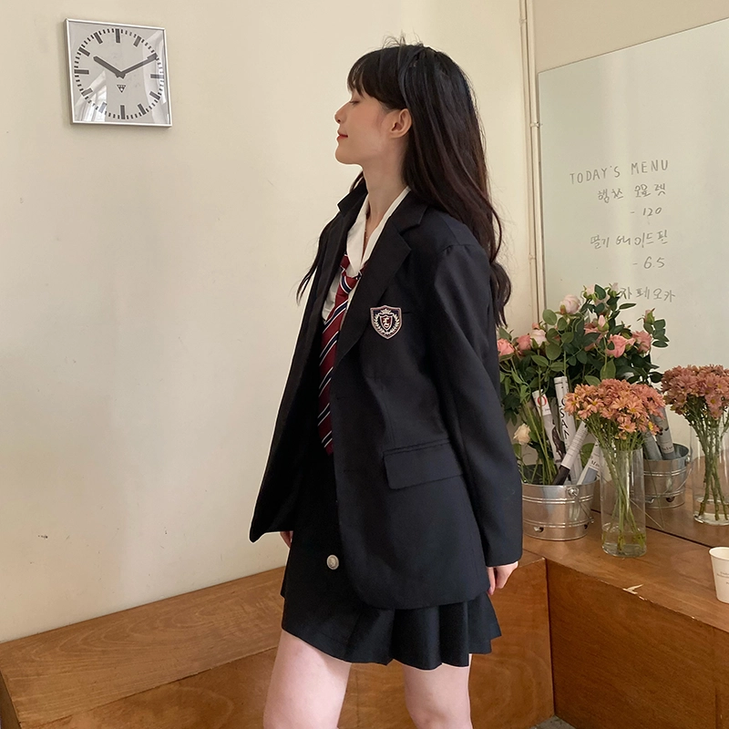 九条喵  纯色西装领单排扣长袖宽松西装 男女同款情侣款 黑色