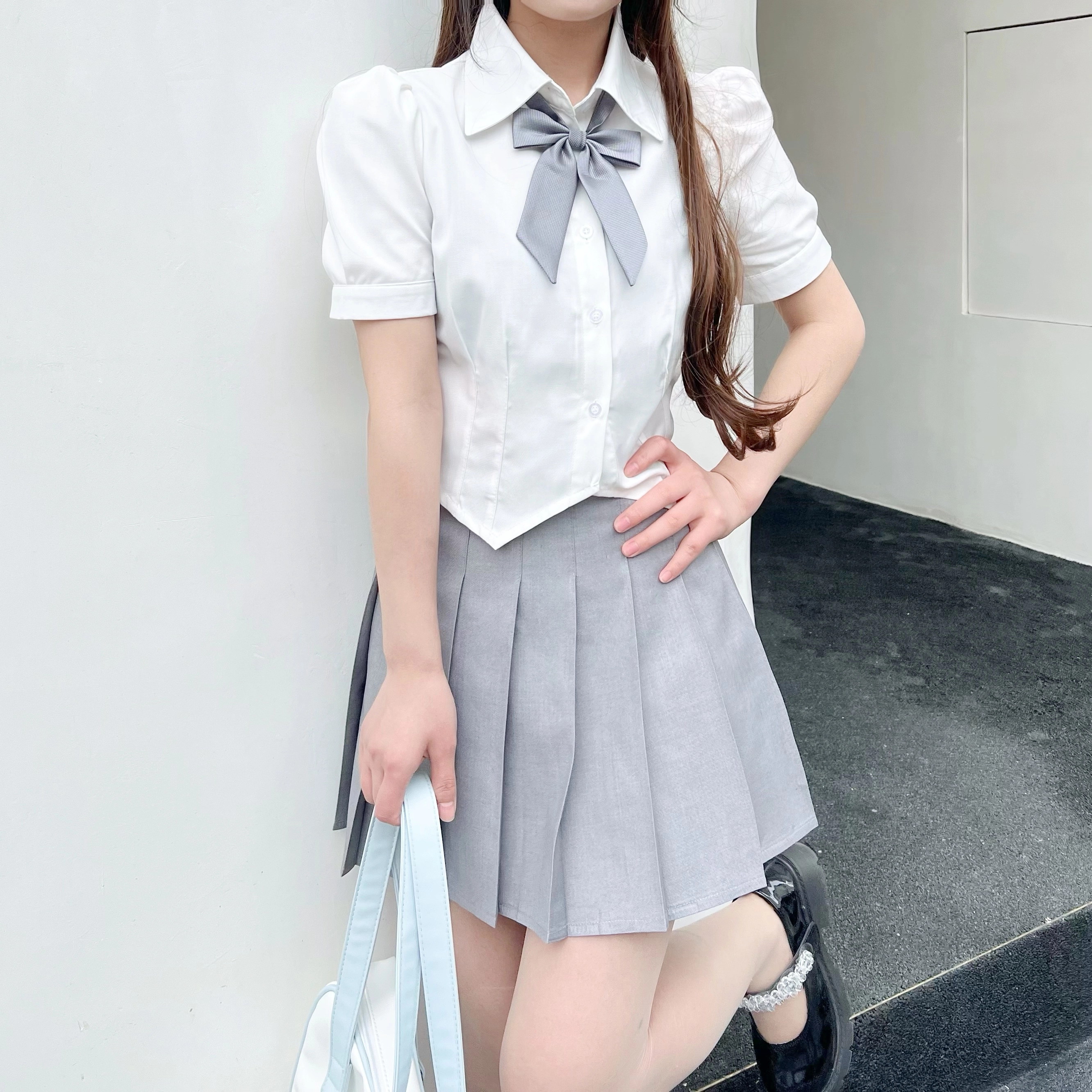 九条喵 纯色领带修身收腰短袖衬衫制服上装 女款 白色