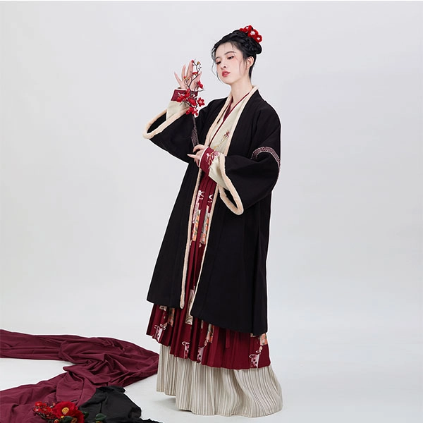 织造司 四花牌 长褙子飞机袖合身中长款合围裙一片式褶裙 冬汉服 女款
