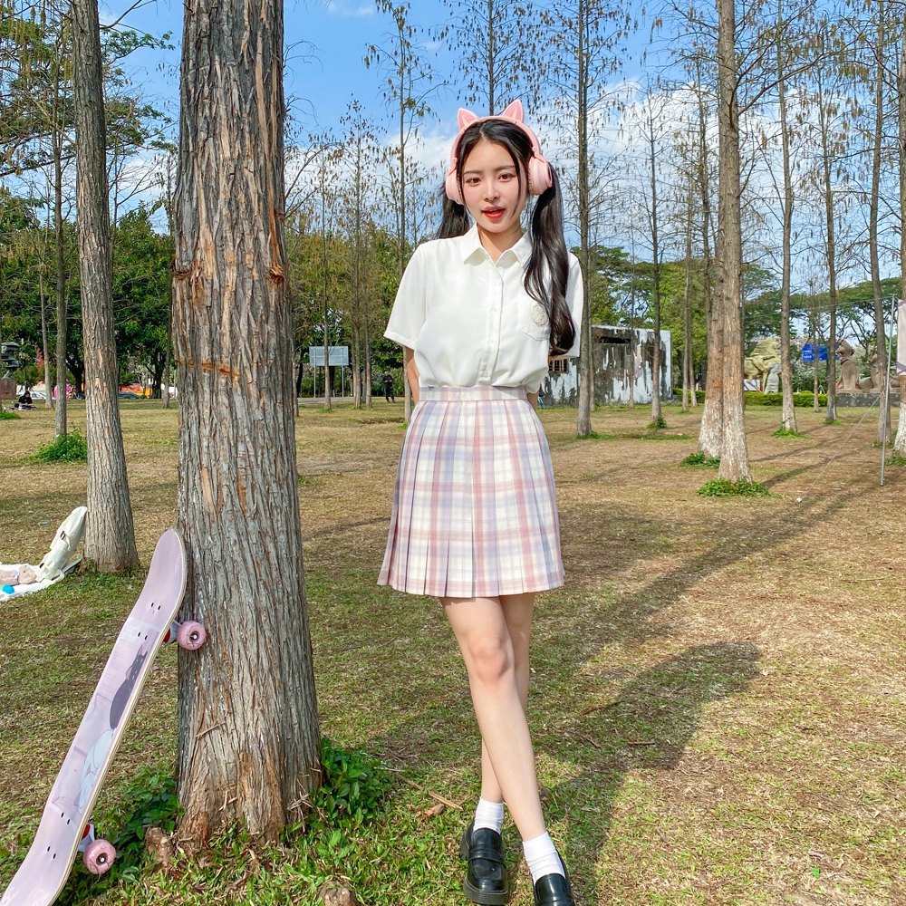情人节女朋友 兔半眠 纯色短袖衬衫格裙制服套装 女款