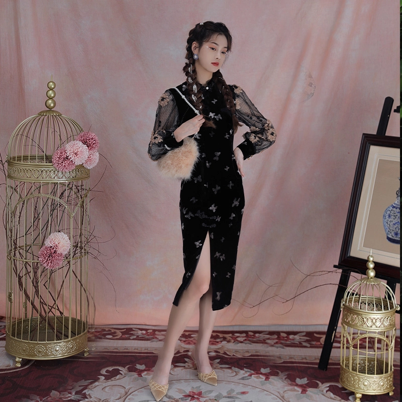 槿爷东方 远山黛网纱袖高开衩丝绒复古旗袍 女款 黑色