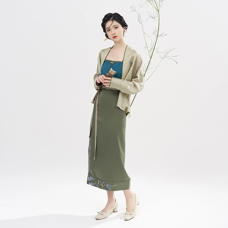 织造司 解幽 花卉刺绣开衫飞机袖修身改良主腰旋裙汉服 女款 灰绿色
