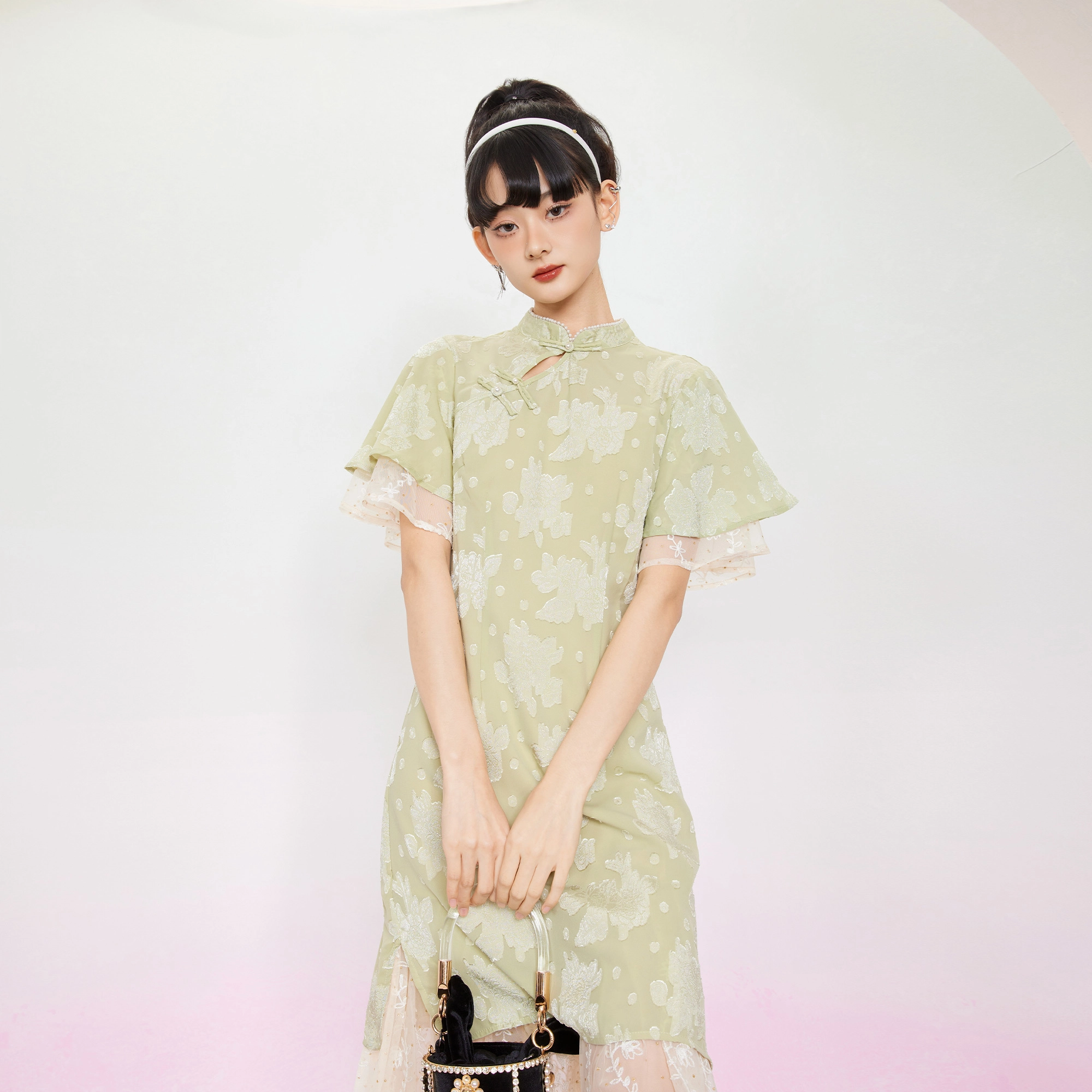槿爷东方 假两件剪花纹样短袖旗袍 女款 桑绿色