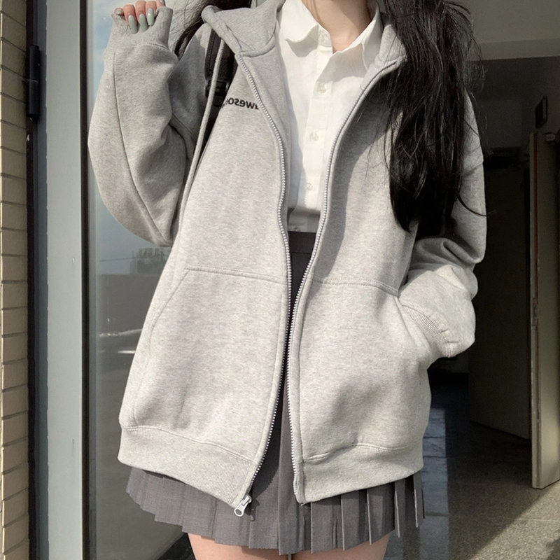东鲸岁时记 纯色拉链宽松字母刺绣加绒开衫连帽卫衣 女款