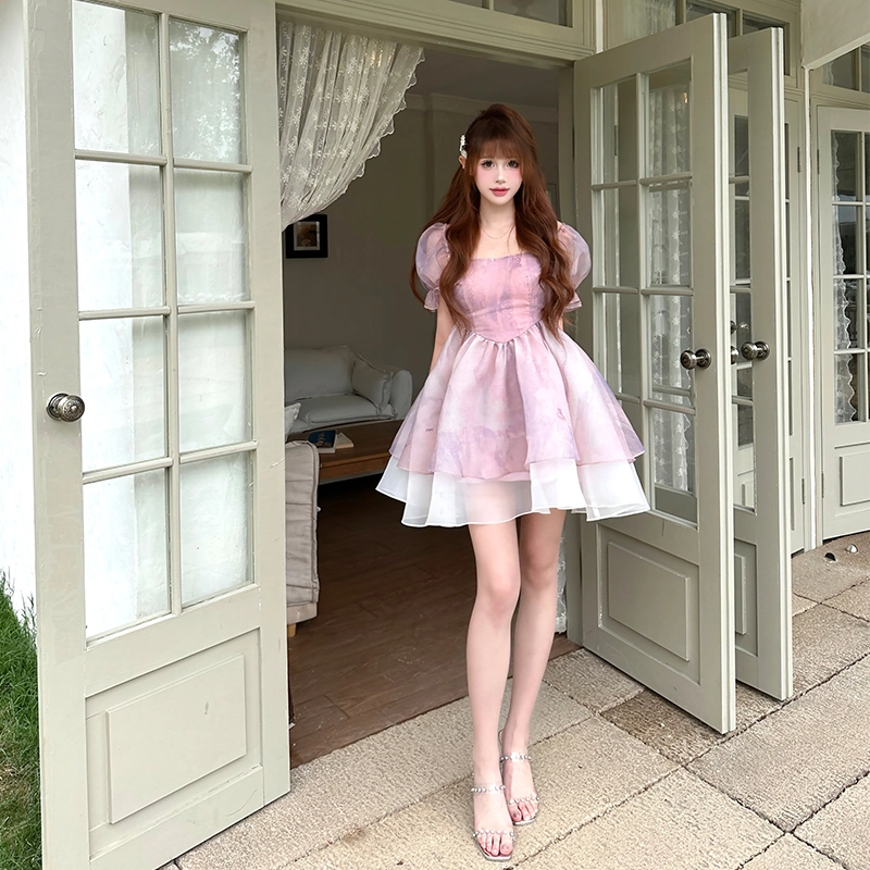 拼色网纱蓬蓬收腰短袖连衣裙 女款 浅紫色