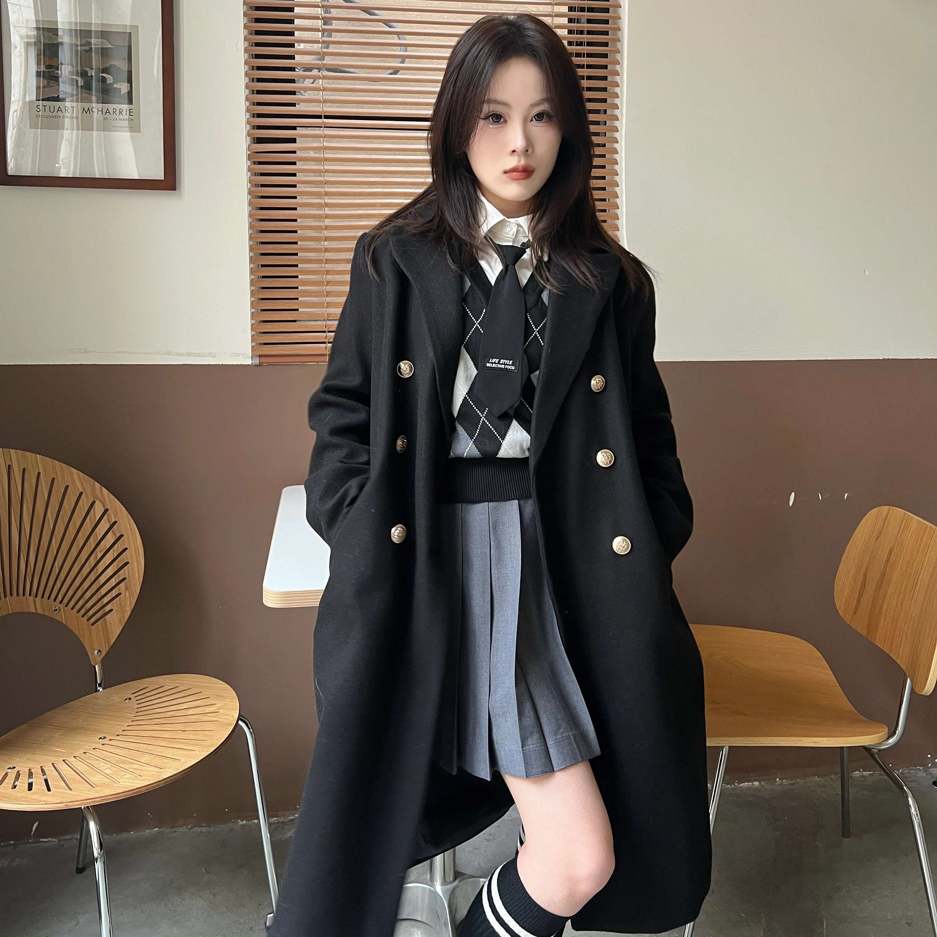 九条喵 长款纯色西装毛呢大衣外套菱形毛衣背心半身裙制服套装 女款