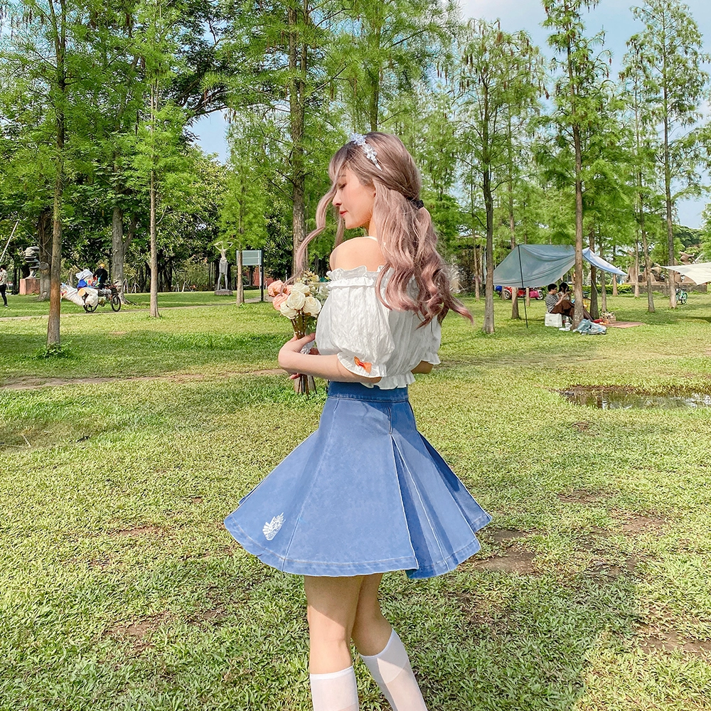 兔半眠 纯色吊带短袖上衣牛仔百褶裙制服套装 女款 开学季