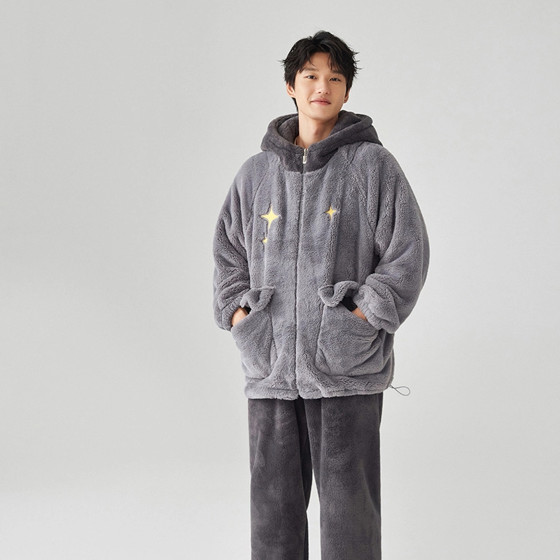 亲嘴猫秋冬加厚男士连帽家居服可外穿