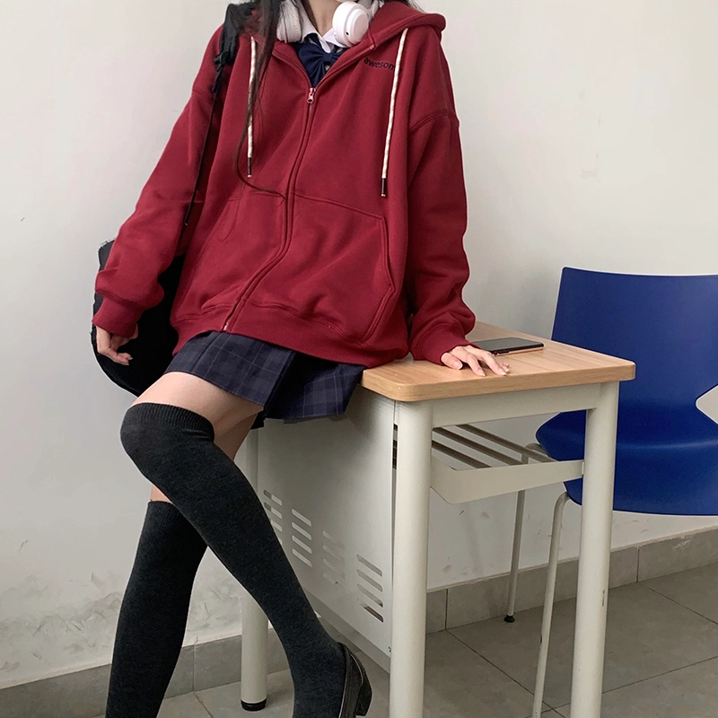 东鲸岁时记 纯色拉链宽松字母刺绣加绒开衫连帽卫衣 女款